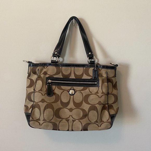 Coach F14941 Tan Black Laura Signature Monogram Canvas Shoulder Purse Authentic - Picture 1 of 13